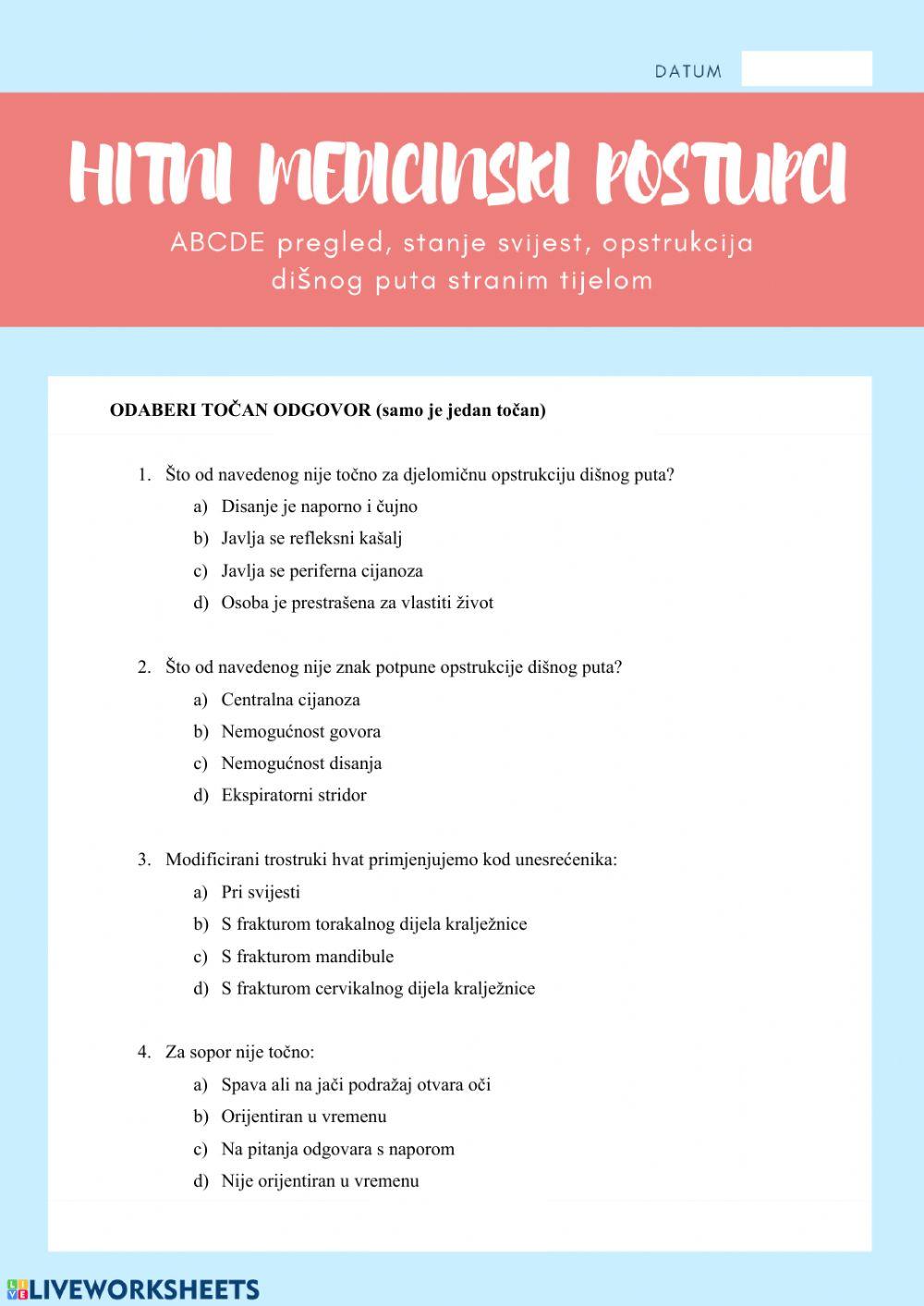 Opstrukcija, Anatomija, Dišni put - predavanje worksheet | Live Worksheets