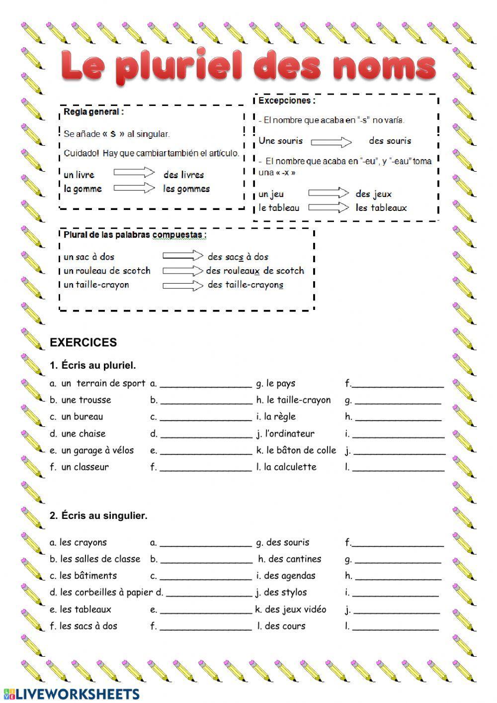 Le Pluriel Des Noms Exercices Pdf Le pluriel des noms worksheet | Live Worksheets