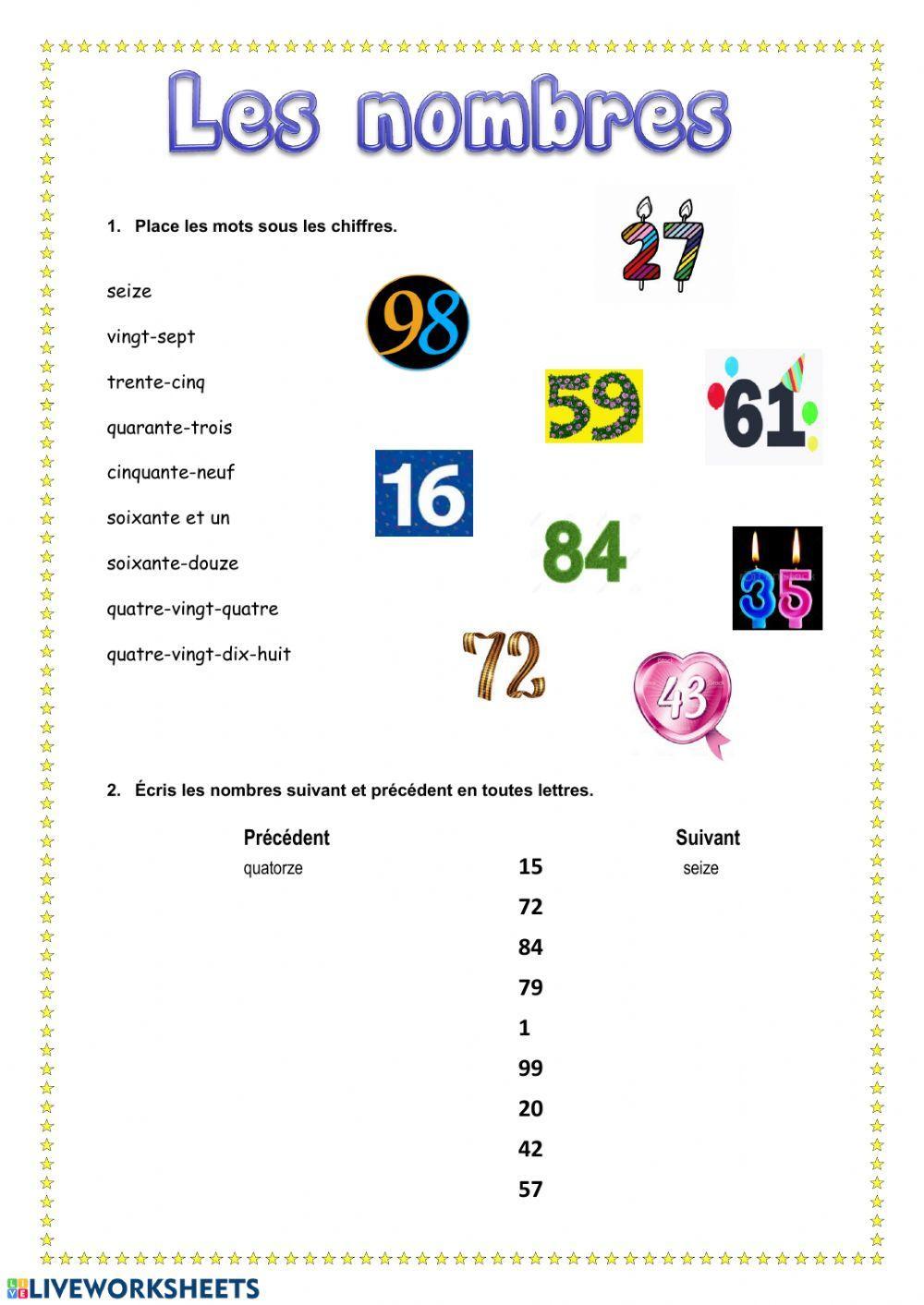 Les Nombres De 0 à 100 En Lettres Les nombres de 0 à 100 worksheet | Live Worksheets