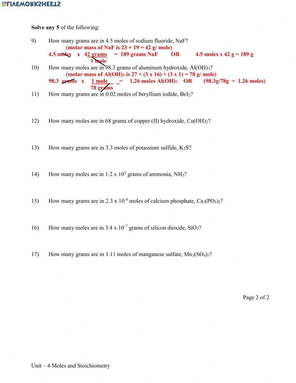 Chemistry: Mole Calculation Worksheet