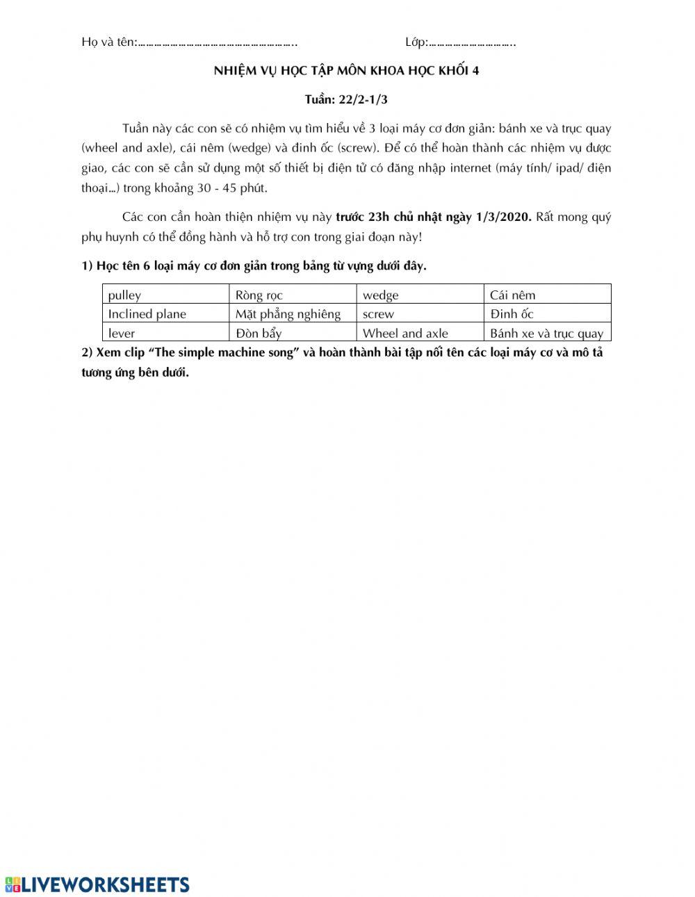 Nhiệm vụ môn khoa học tuần từ 24.2-1.3