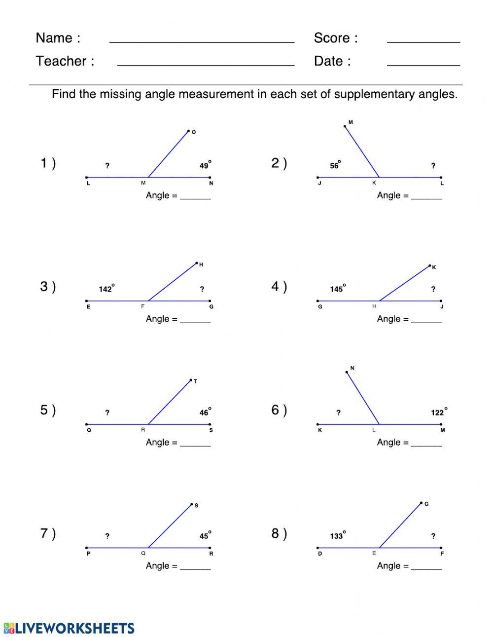 Supplementary Angles Worksheet Supplementary Angles Worksheet