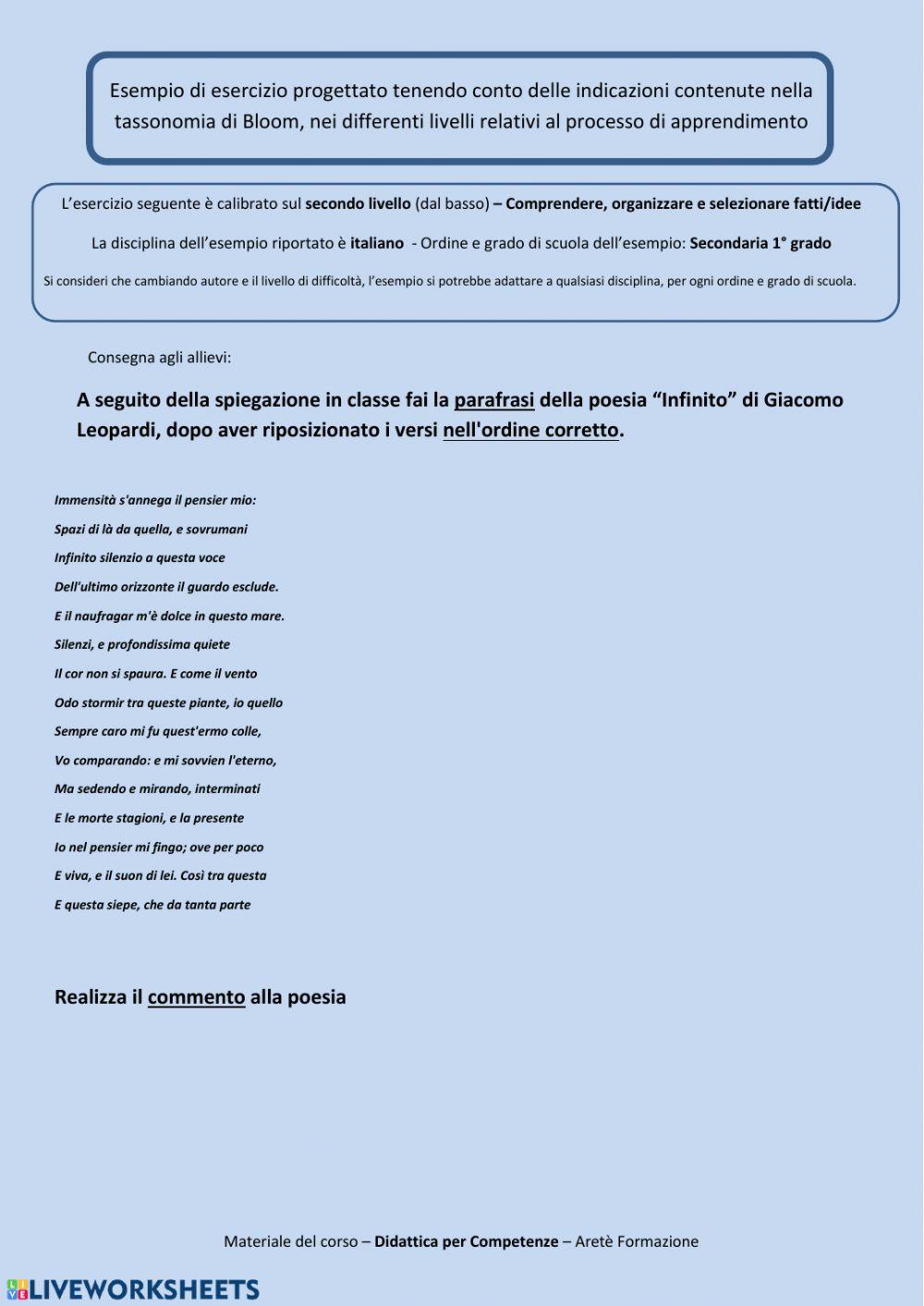 Metti in ordine il testo e parafrasi (con poesia) cod.21 Metti in ordine il testo e parafrasi (con poesia) cod.21