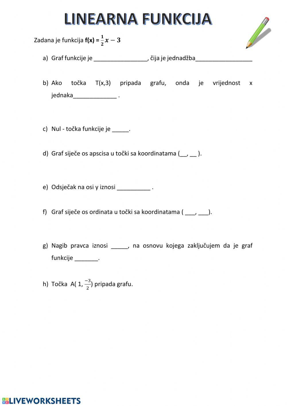 Linearna funkcija interactive worksheet | Live Worksheets