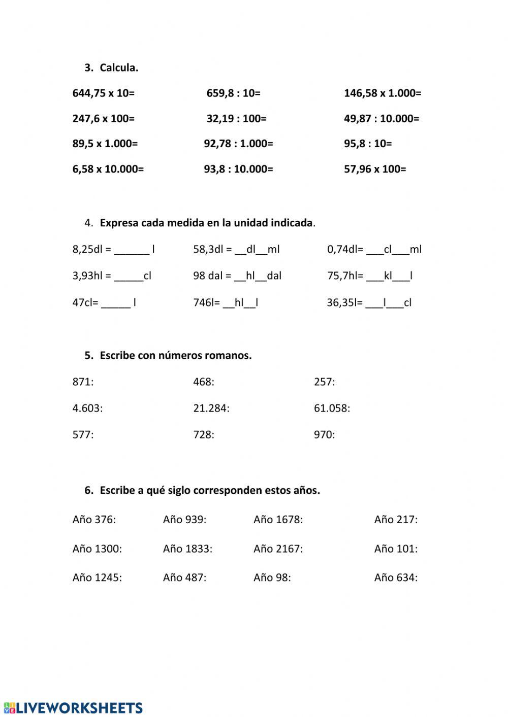 Números decimales y romanos
