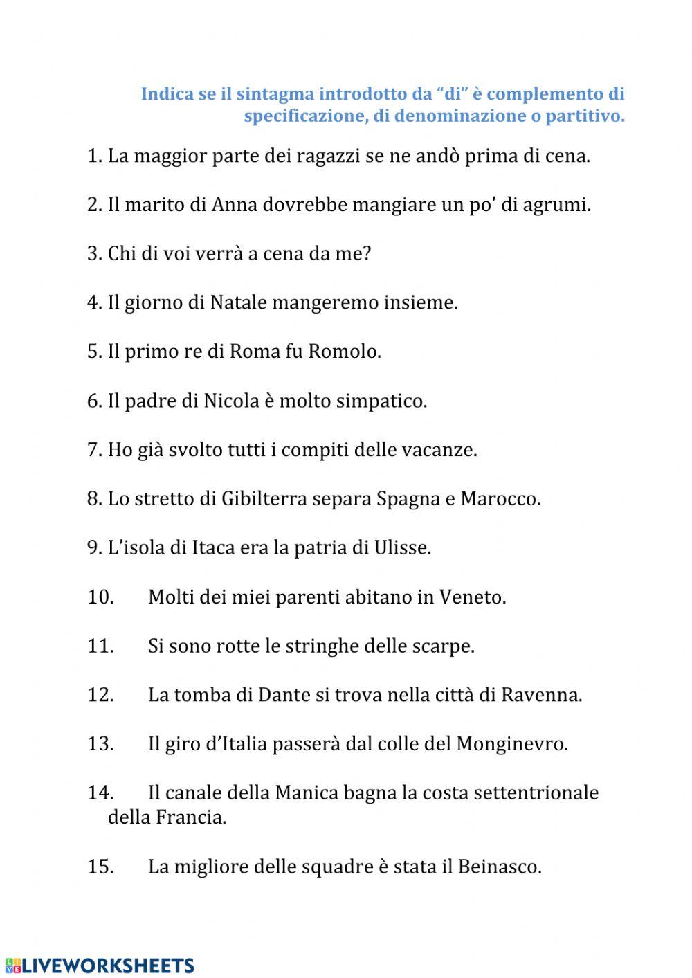 Specificazione, denominazione, partitivo