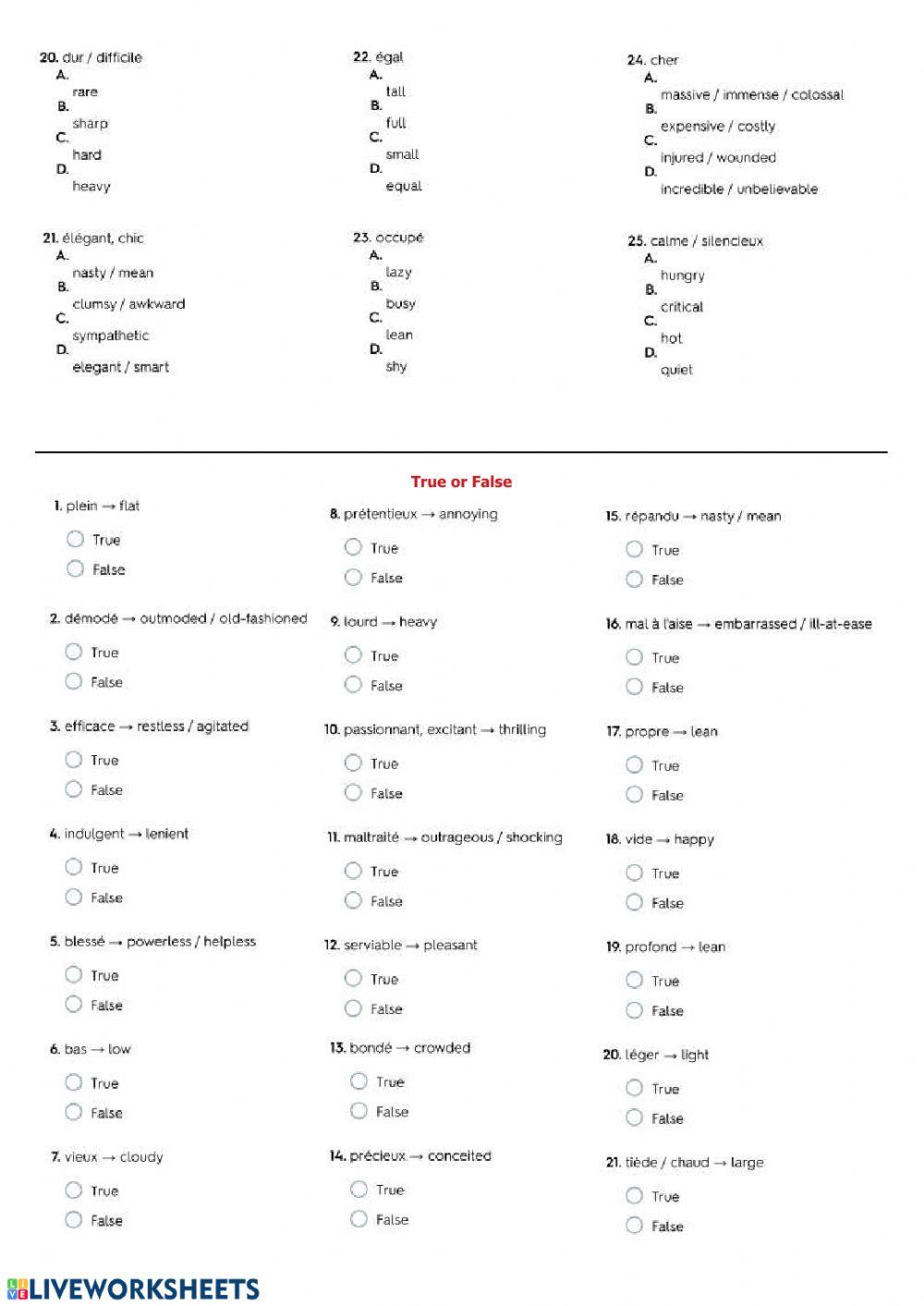 Adjectives French to English