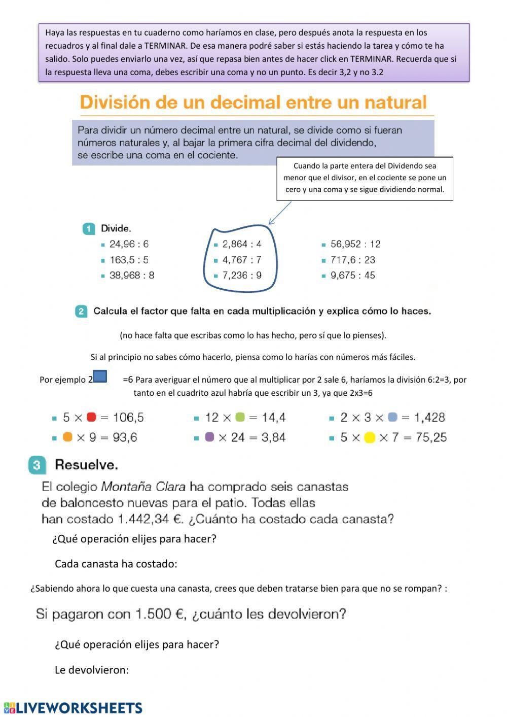 Matemáticas 5ºprimaria dividir un decimal por un natural