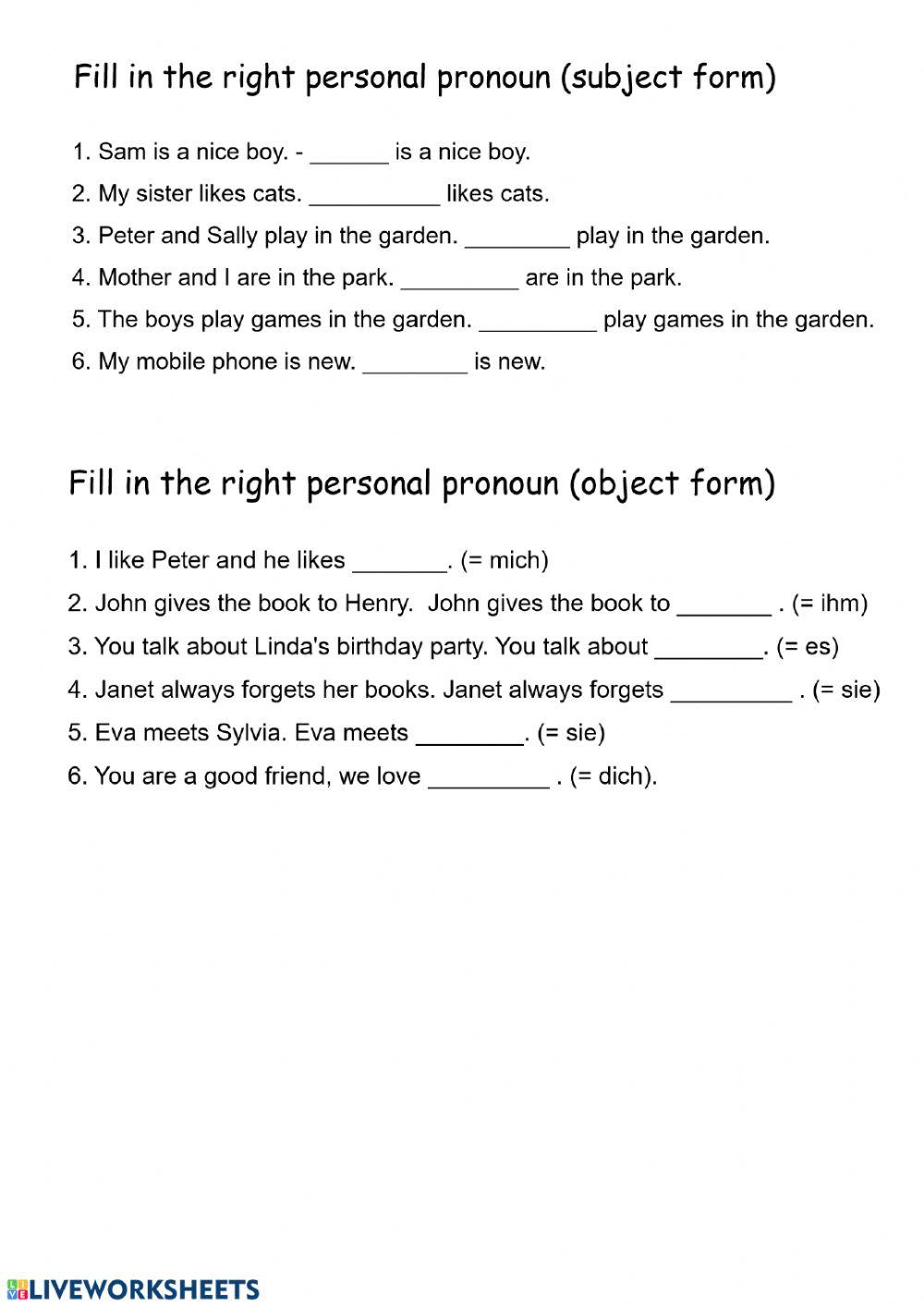Personal pronouns - subject and object form