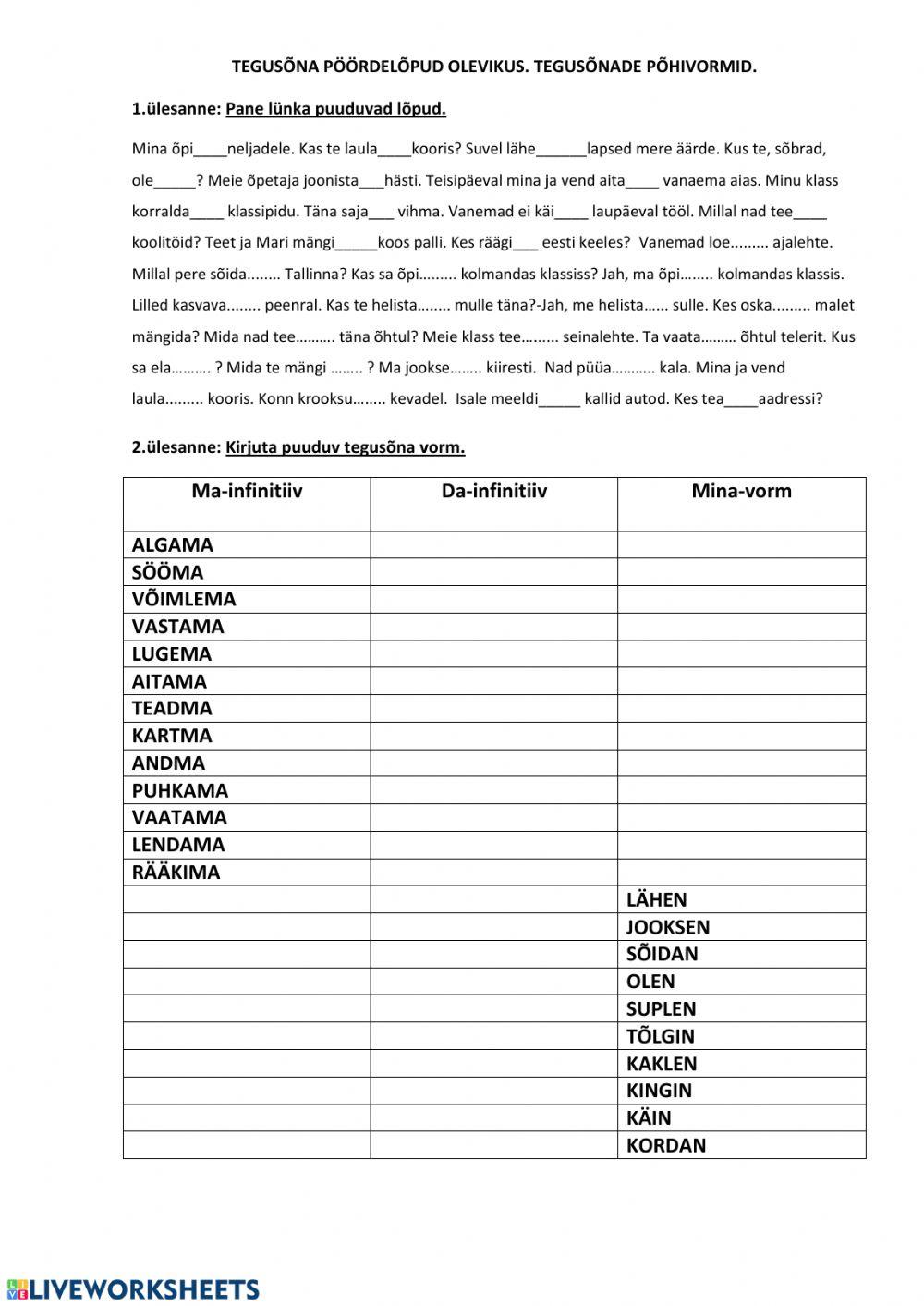 3klass-Tegusõnade põhivormid. Pööramine olevikus.
