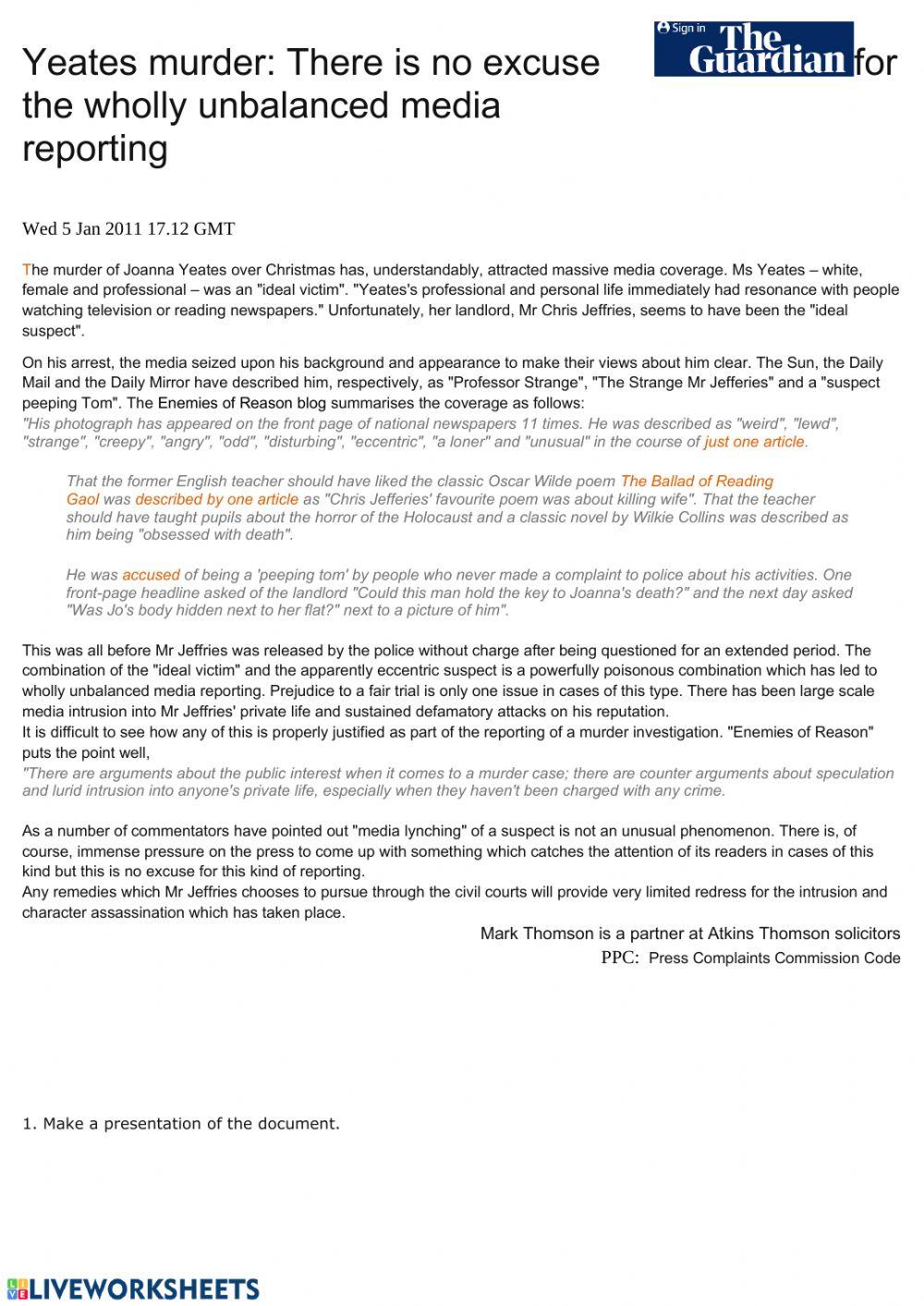 MEDIA LYNCHING Yeates Murder case