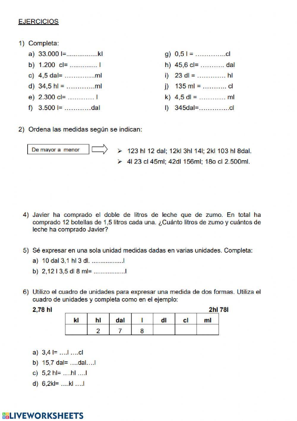 Ejercicios de capacidad y masa