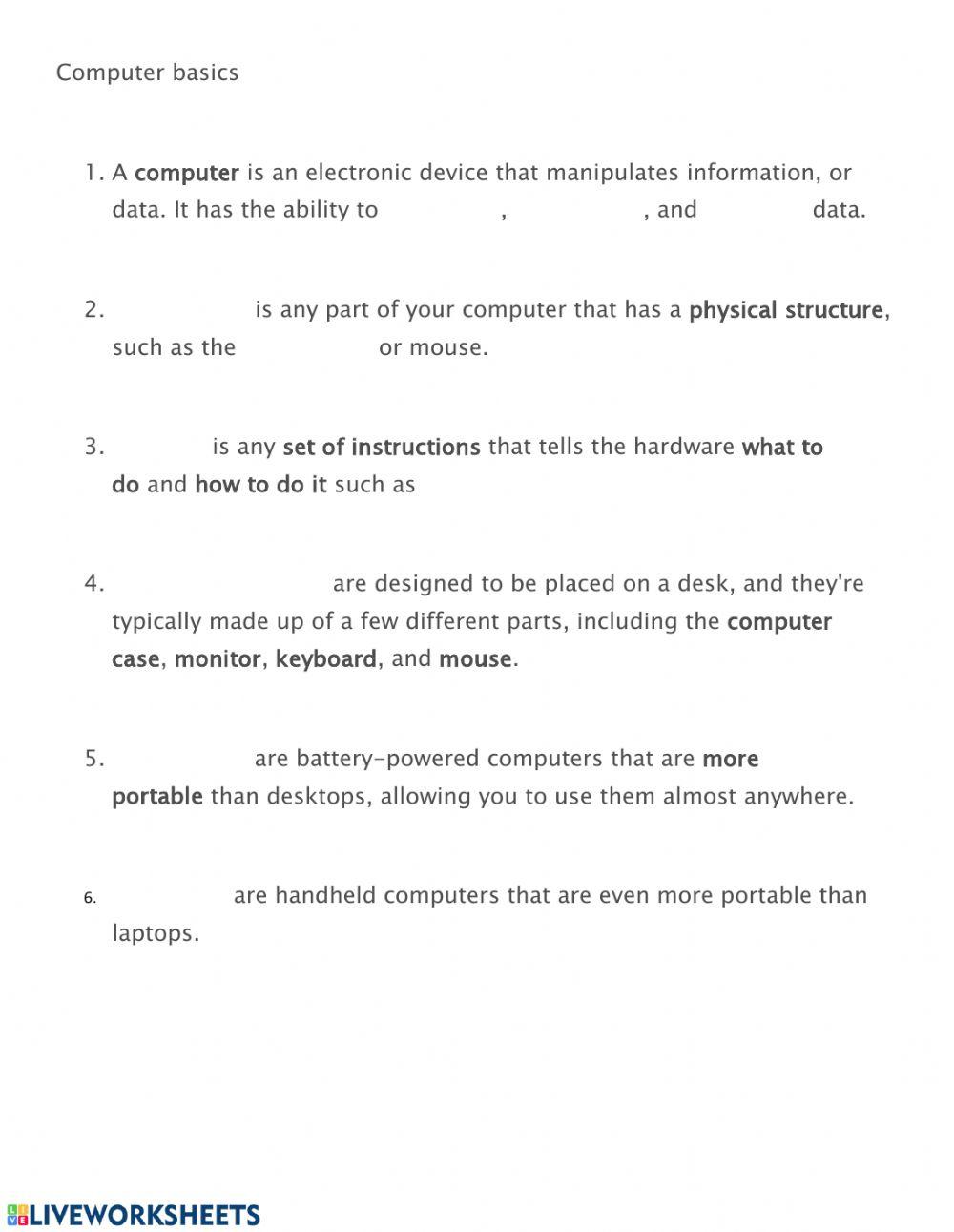 Computer basics worksheet | Live Worksheets