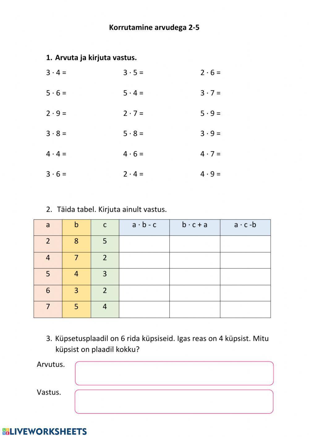 Korrutamine arvudega 2-5 Korrutamine arvudega 2-5