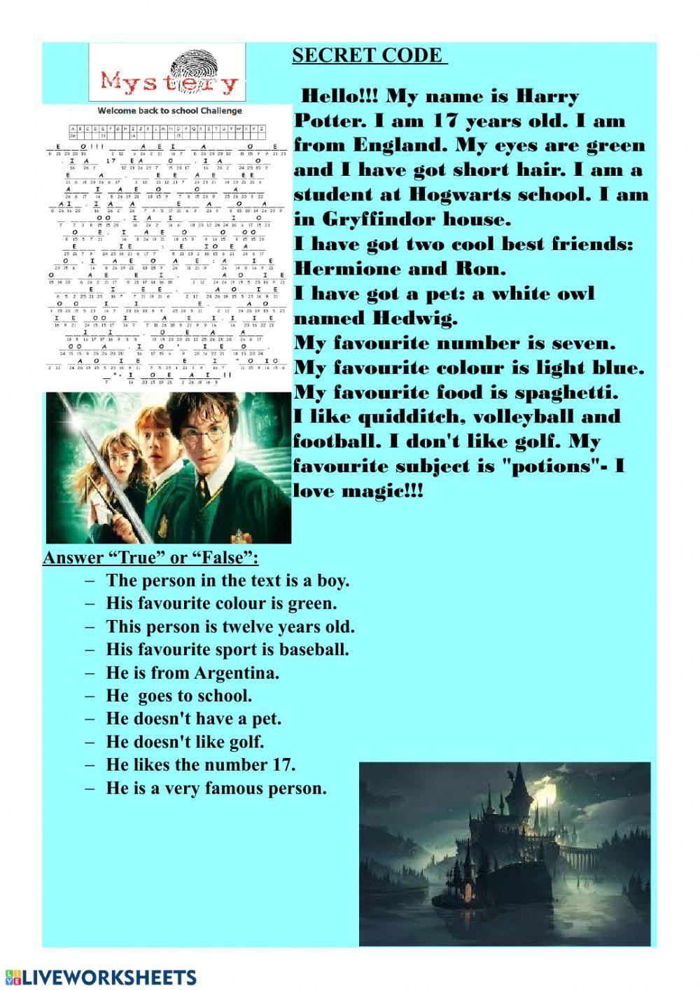 Harry Potter Cryptogram and Reading Comprehension
