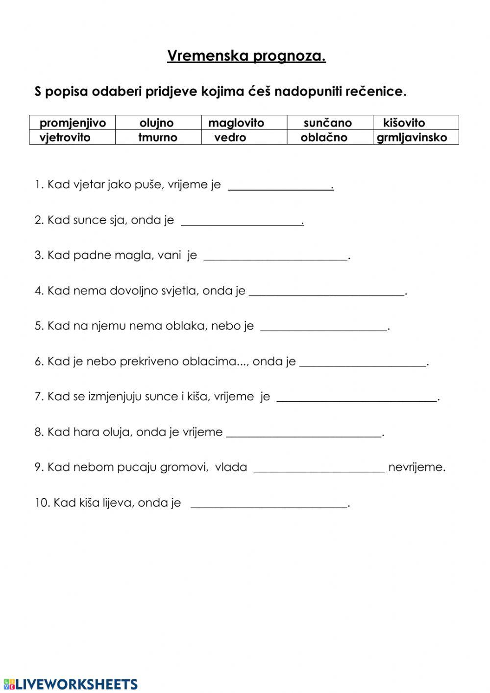 Pridjevi - vremenska prognoza