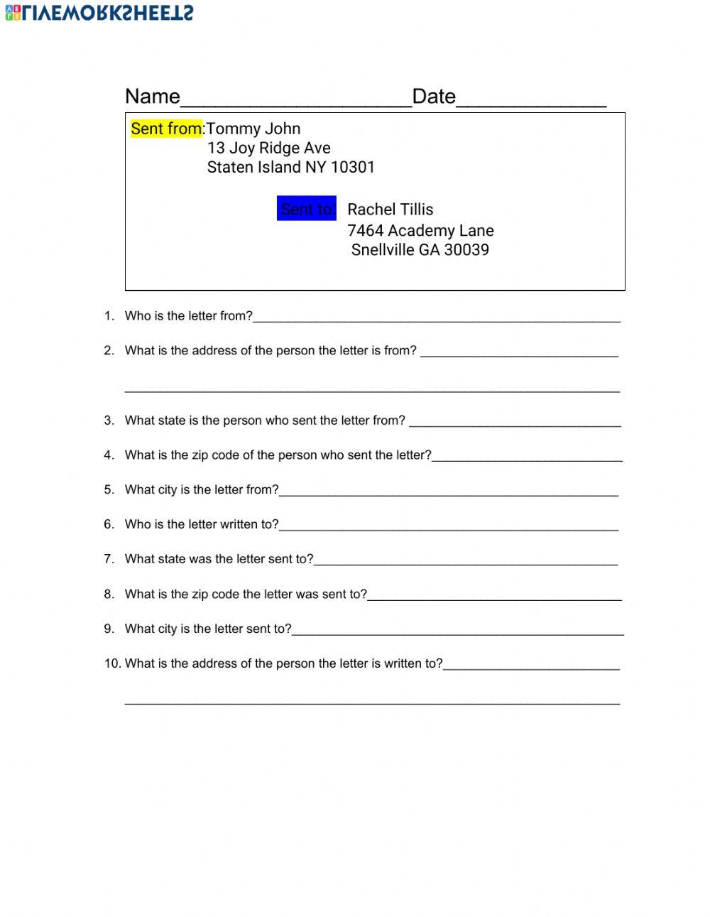 page 1 address label worksheet Live Worksheets