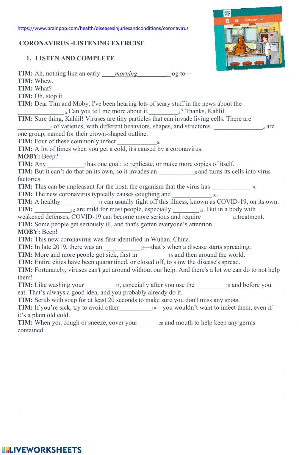 Coronavirus listening link worksheet | Live Worksheets