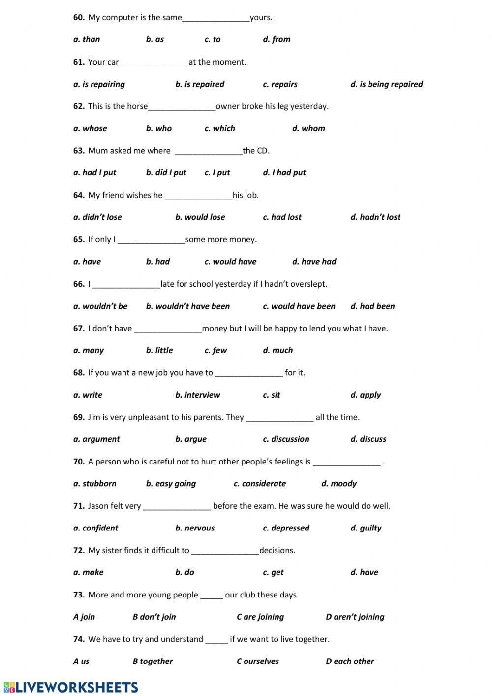 Placement test. Grammar and vocabulary.