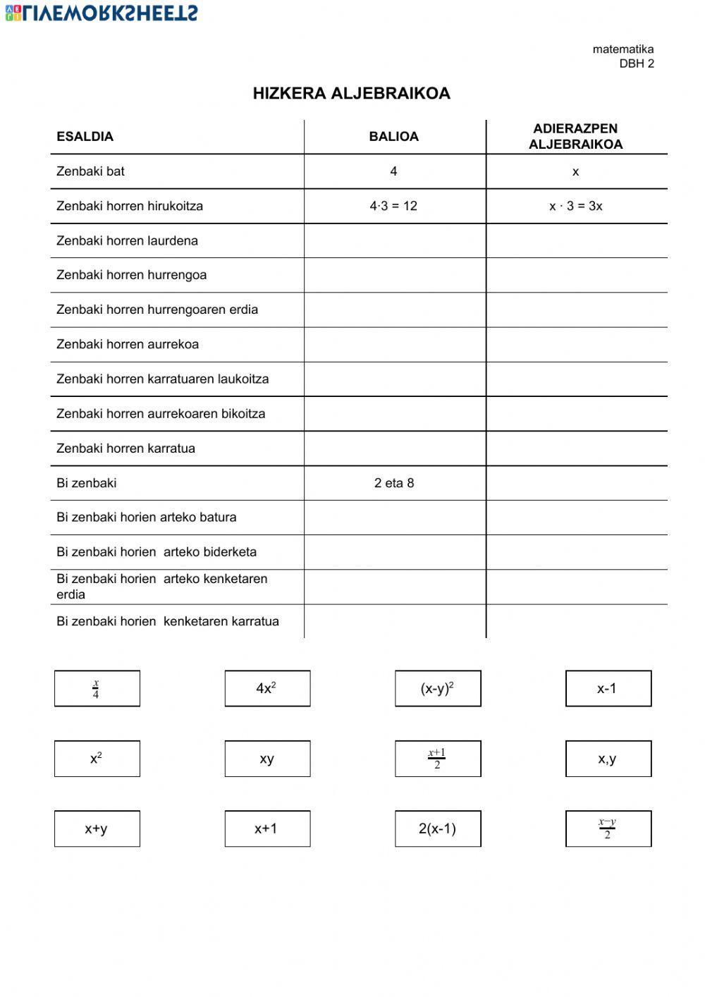 Hizkera aljebraikoa - sarrera
