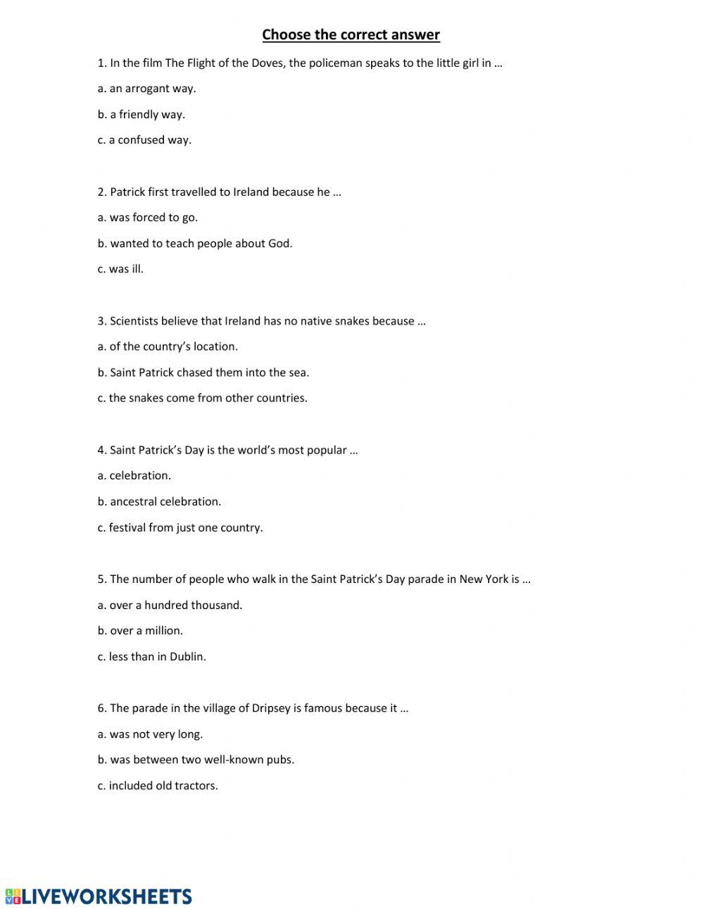 Multiple choice about st patrick's day