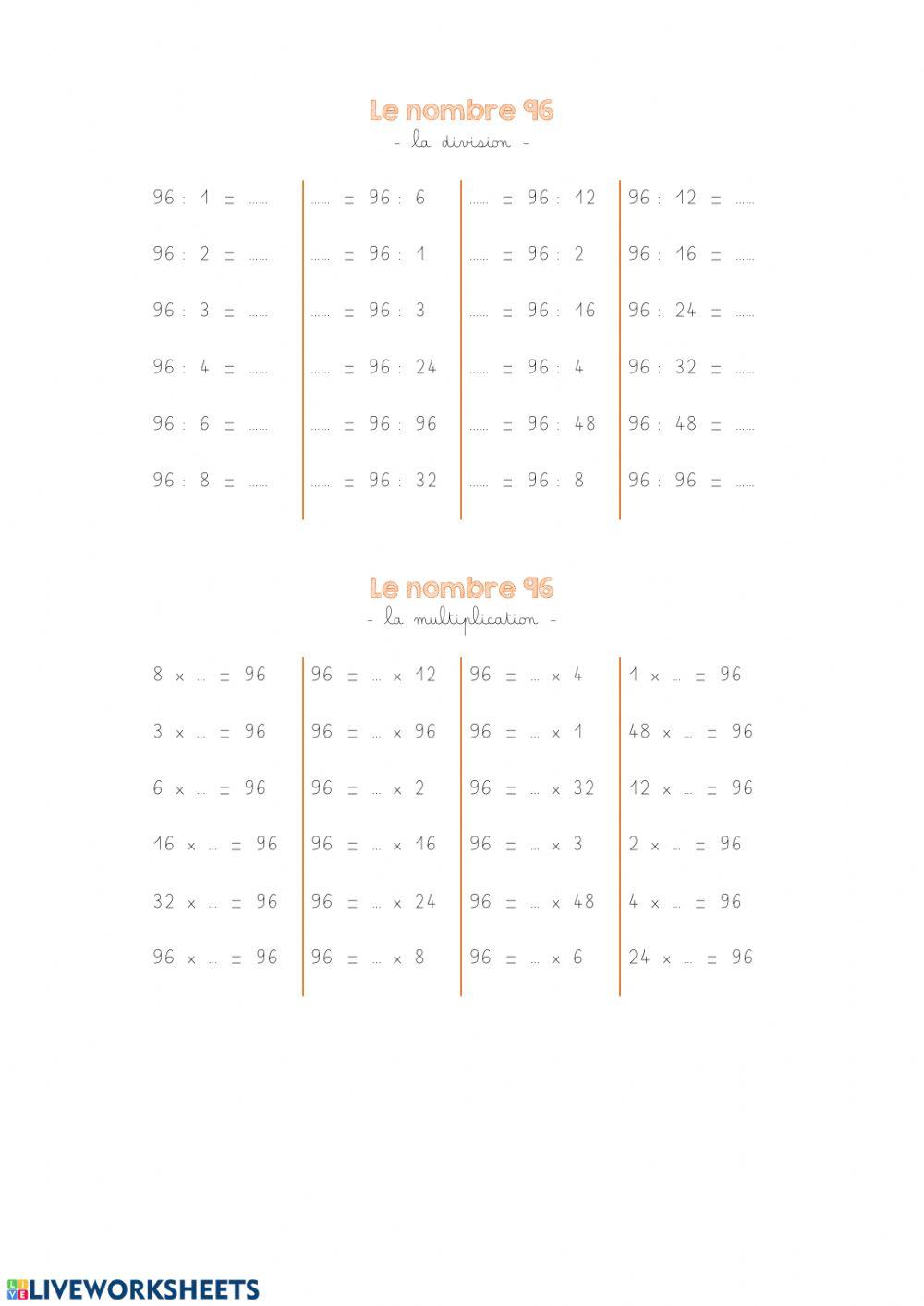 Nombre 96 - division et multiplication