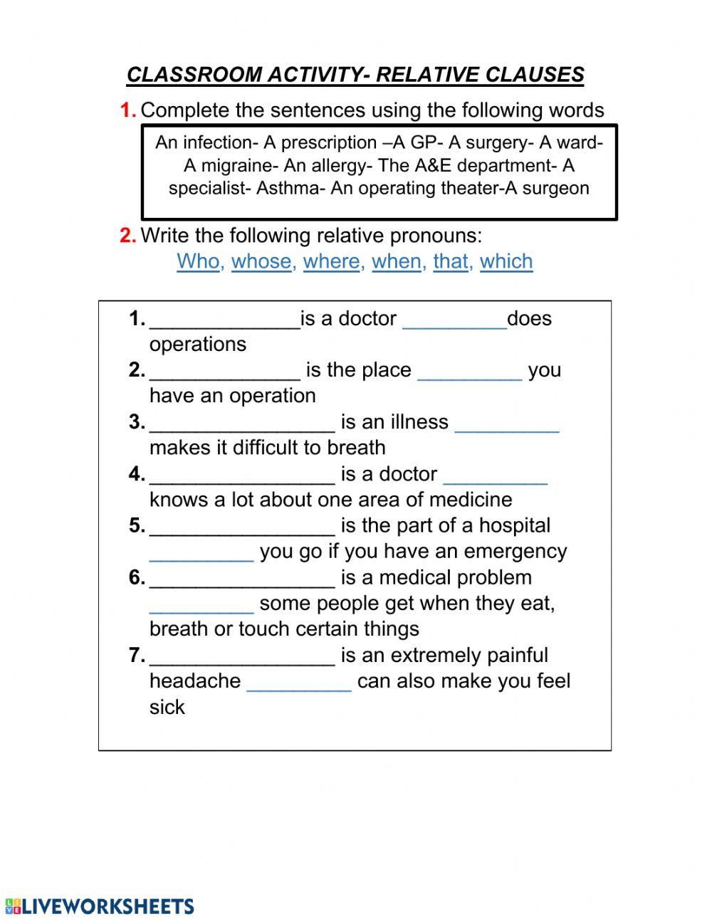 Relative clauses & health vocabulary