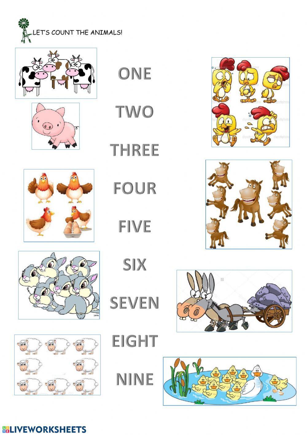 Farm animals and numbers to 9 worksheet | Live Worksheets Farm animals and numbers to 9 worksheet | Live Worksheets