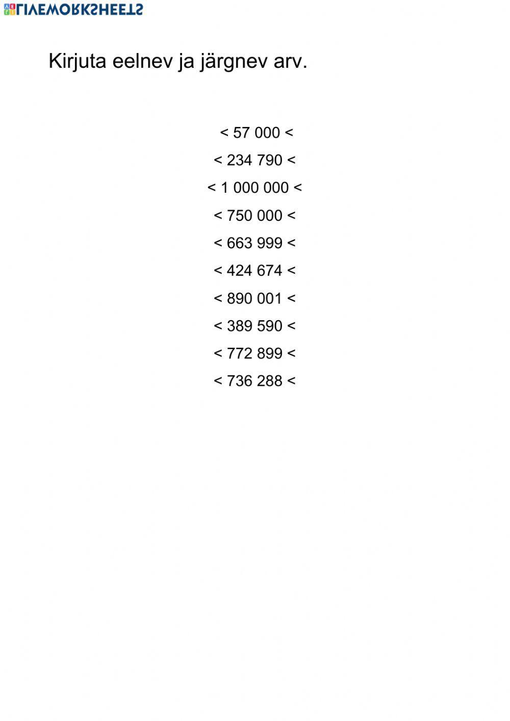 Arvud miljonini. Eelnev ja järgnev arv.