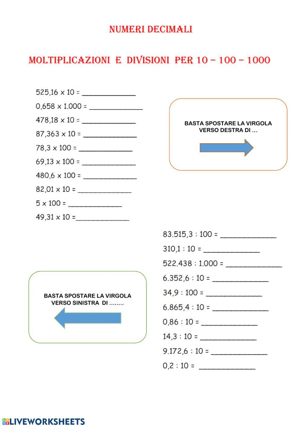 Moltiplicazioni e divisioni 10 100 1000  decimali