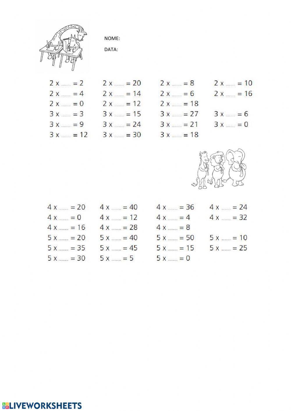 Tabelline dal 2 al 5