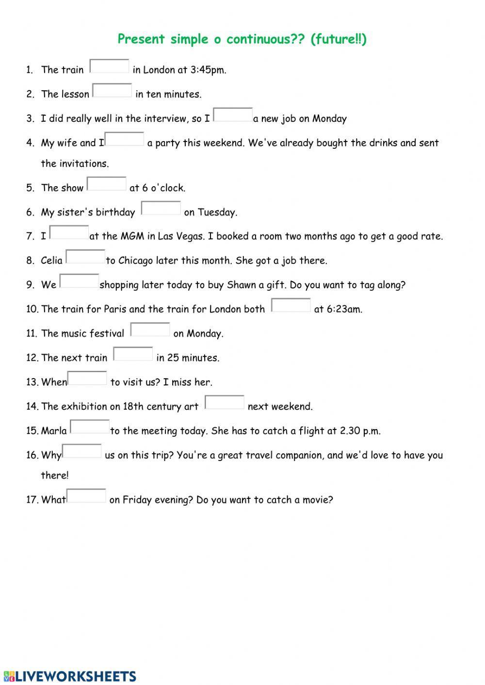Present Simple And Present Continuous For Future Exercises Pdf