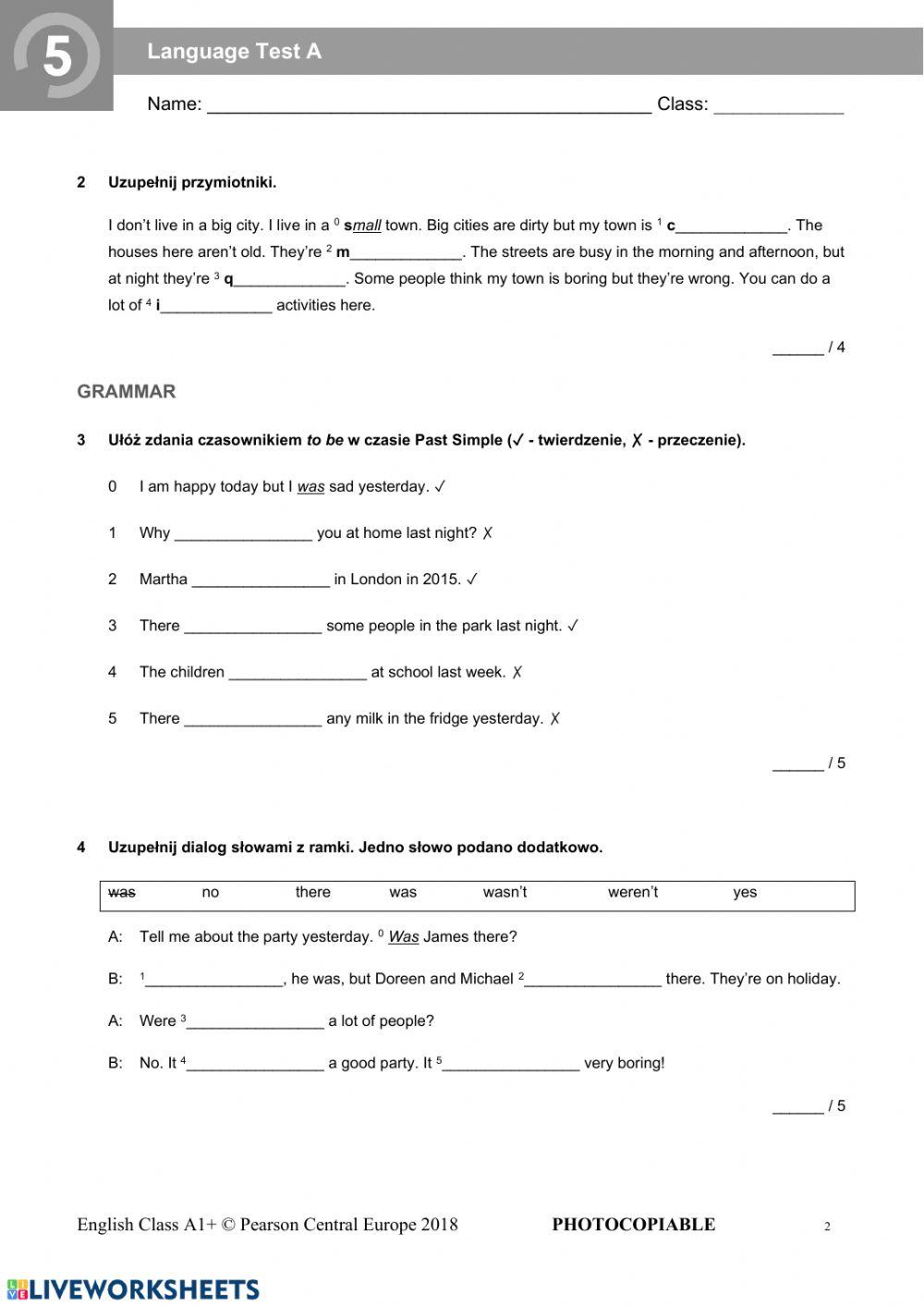 English Class A1+, Unit 5, test
