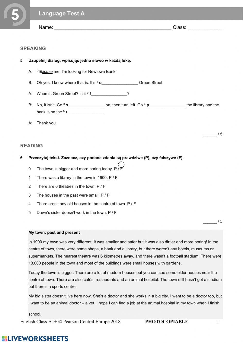 English Class A1+, Unit 5, test