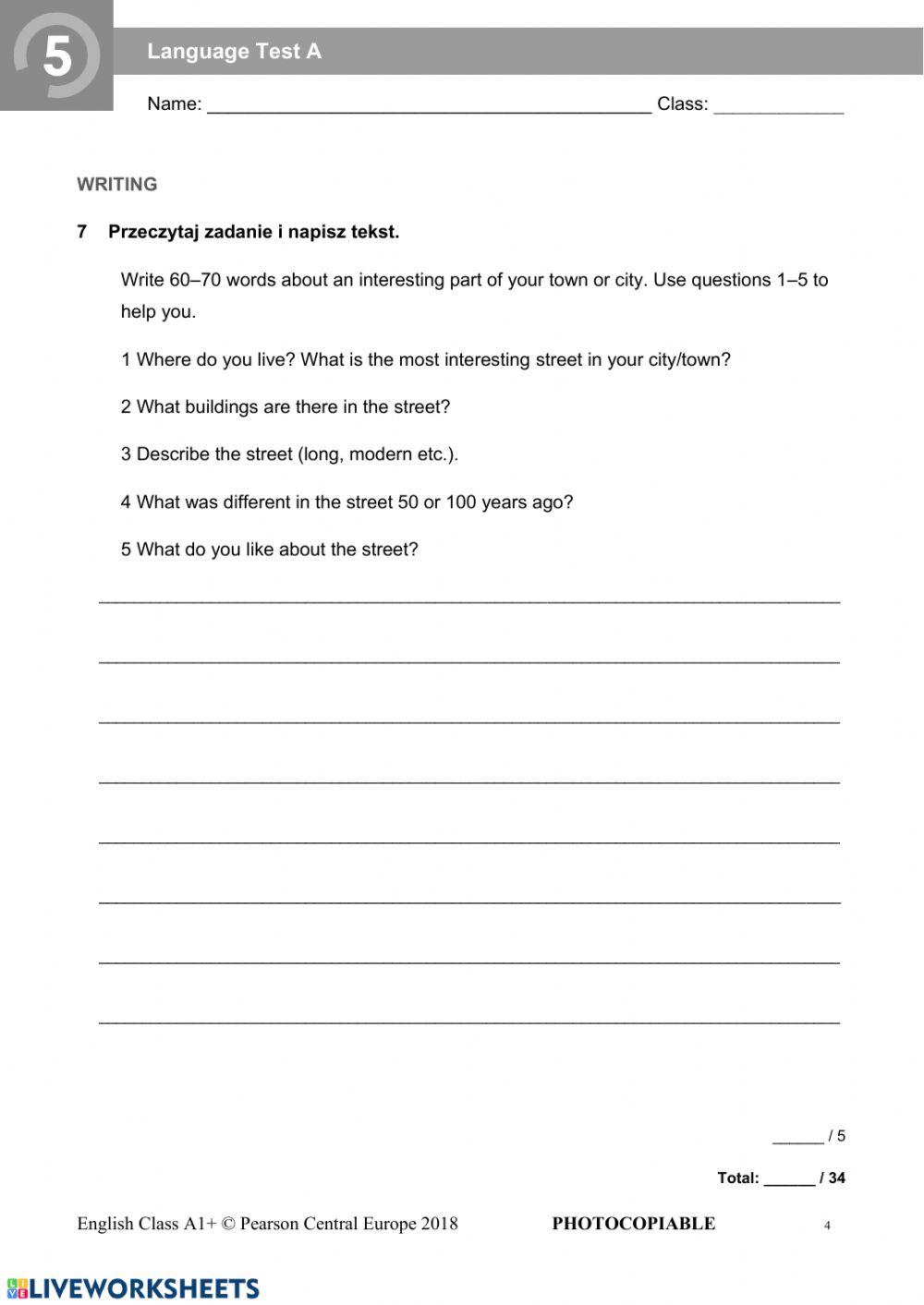 English Class A1+, Unit 5, test