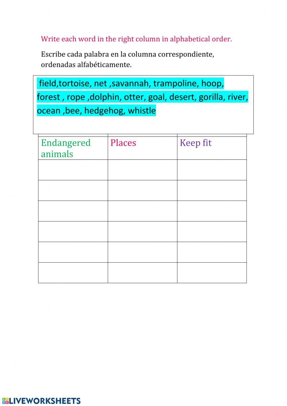 Vocabulario animales,lugares, deporte