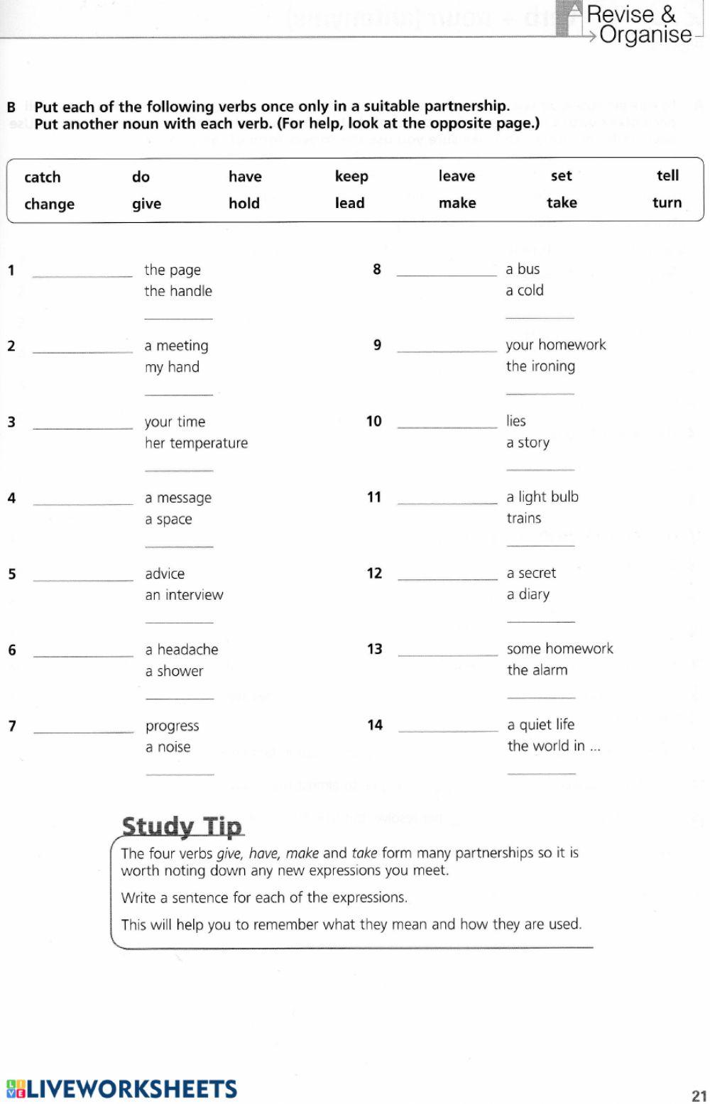 Verb + Noun worksheet Live Worksheets
