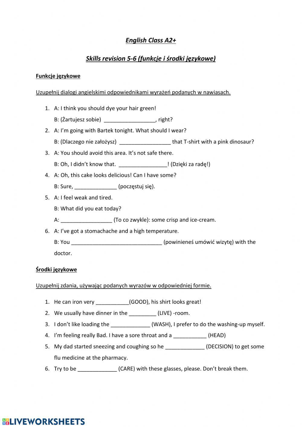 English Class A2+ Skills revision worksheet | Live Worksheets