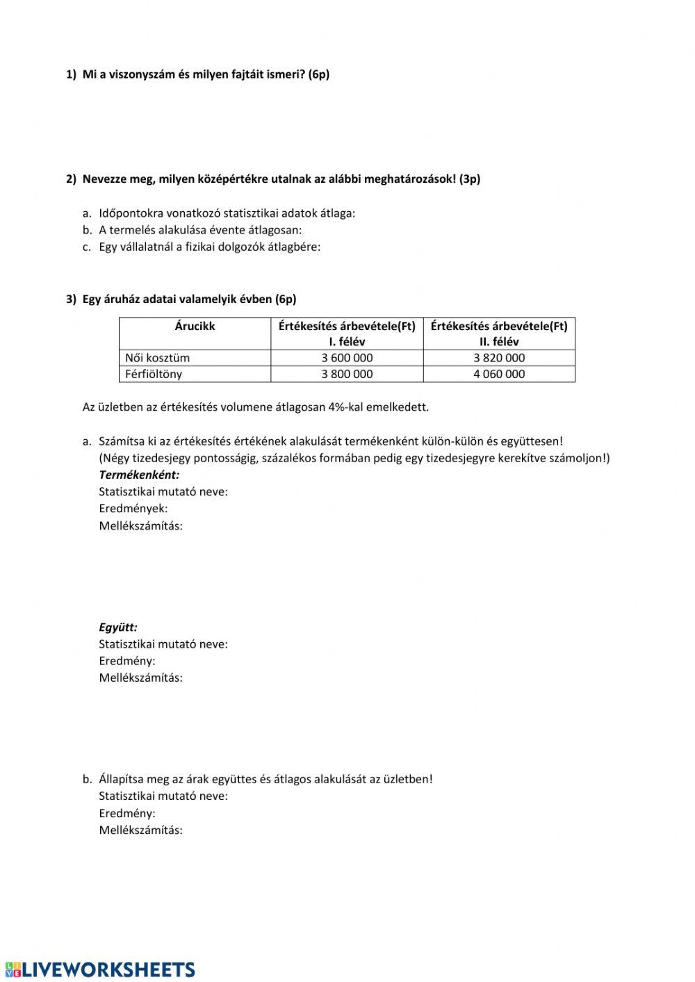 Statisztika érettségi feladat