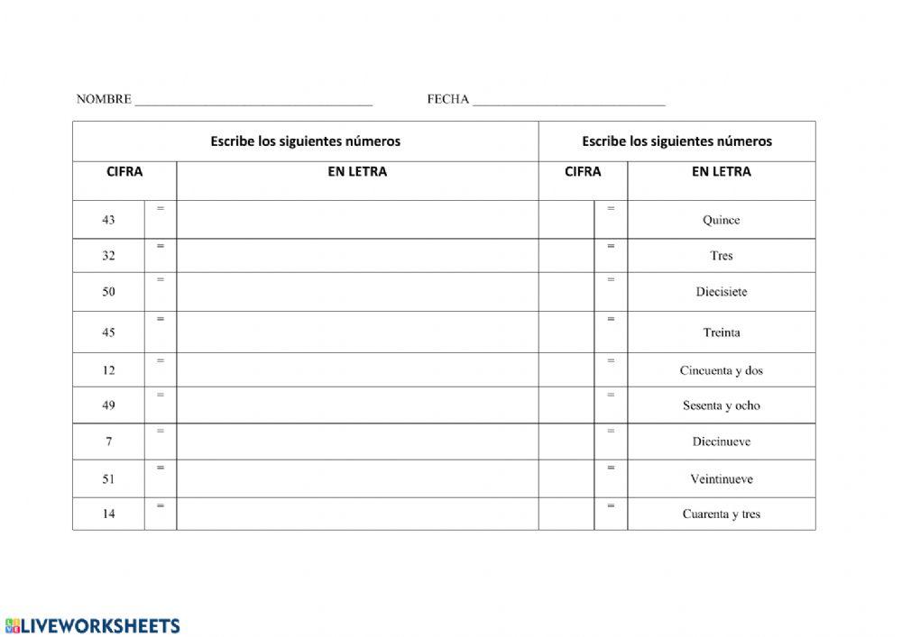 Números naturales hasta 60