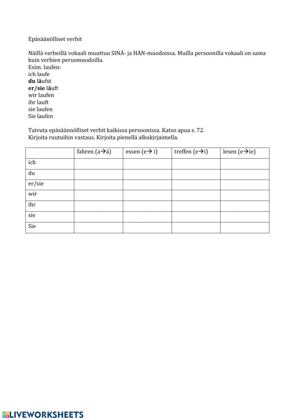 Epäsäännöllisten verbien taivutus