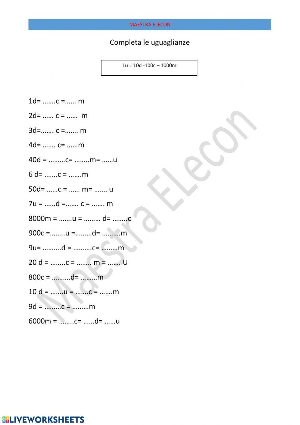 Completa le uguaglianze