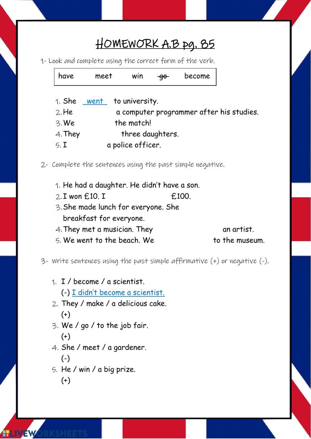 Ficha homework A.B Pg 85