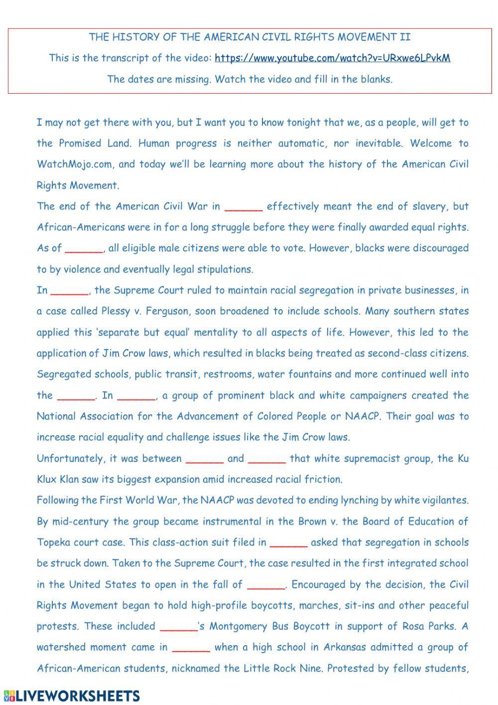 The american civil rights movement ii worksheet Live Worksheets