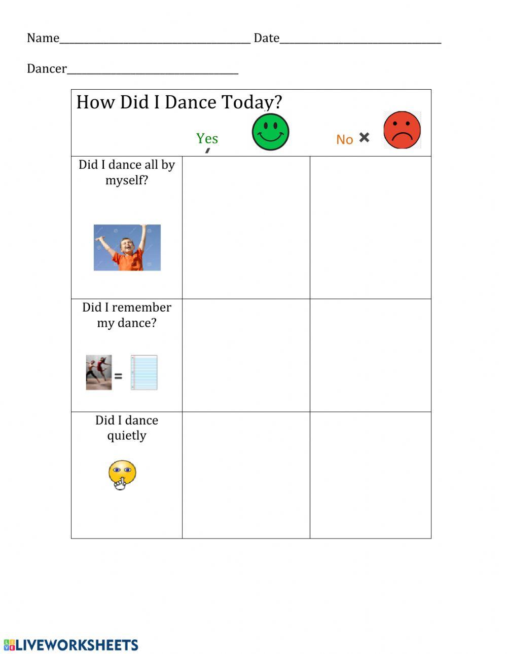 Dance Self Assessment Checklist