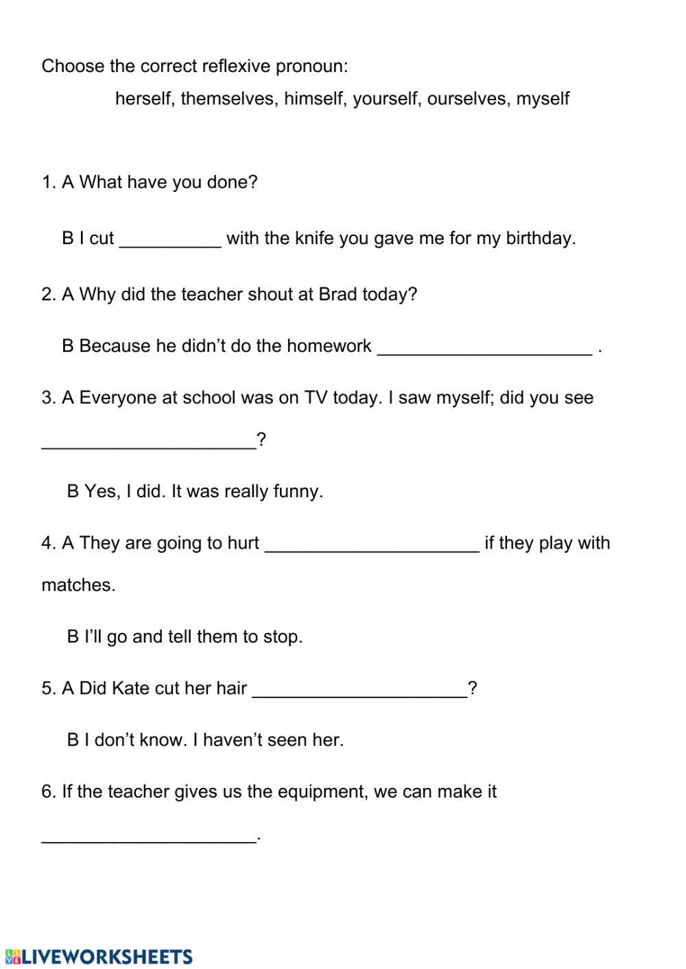 Reflexive pronouns 2 worksheet Live Worksheets