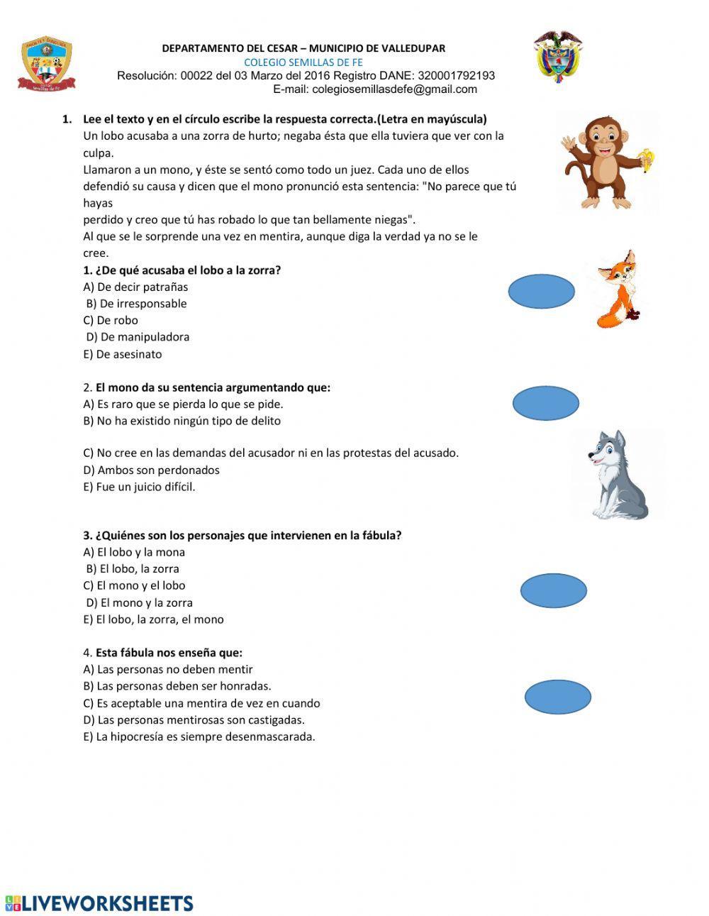 Comprension de lectura -fabulas