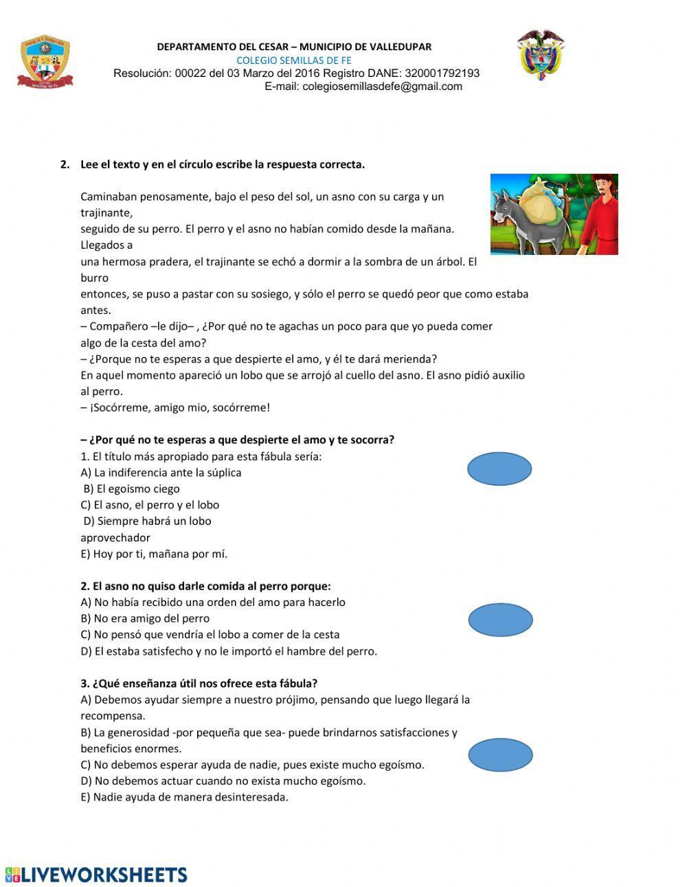 Comprension de lectura -fabulas