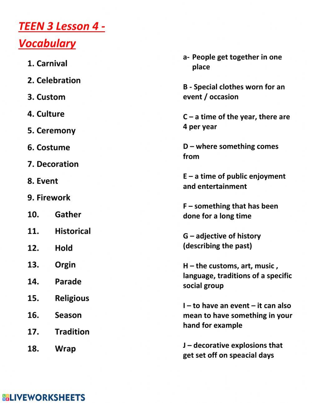Teen 3 lesson 4 worksheet | Live Worksheets