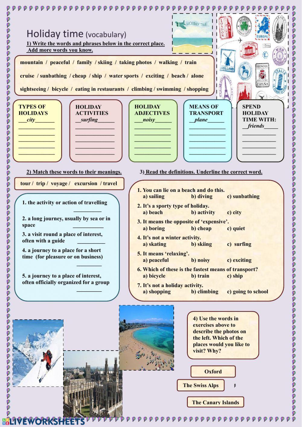 Types of holidays - vocabulary exercise